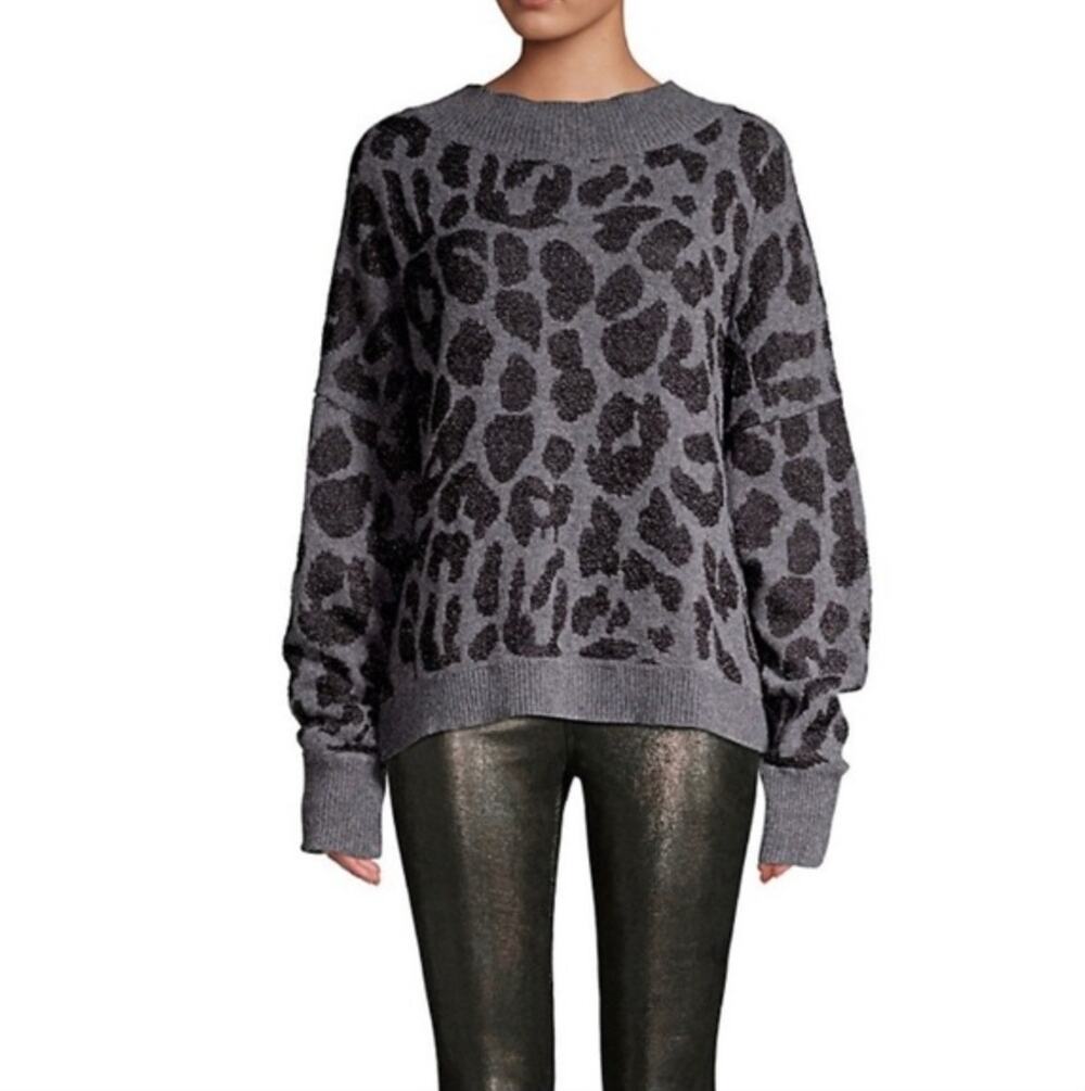 RtA Liam Leopard Intarsia Gray Metallic Black Pullover Sweater